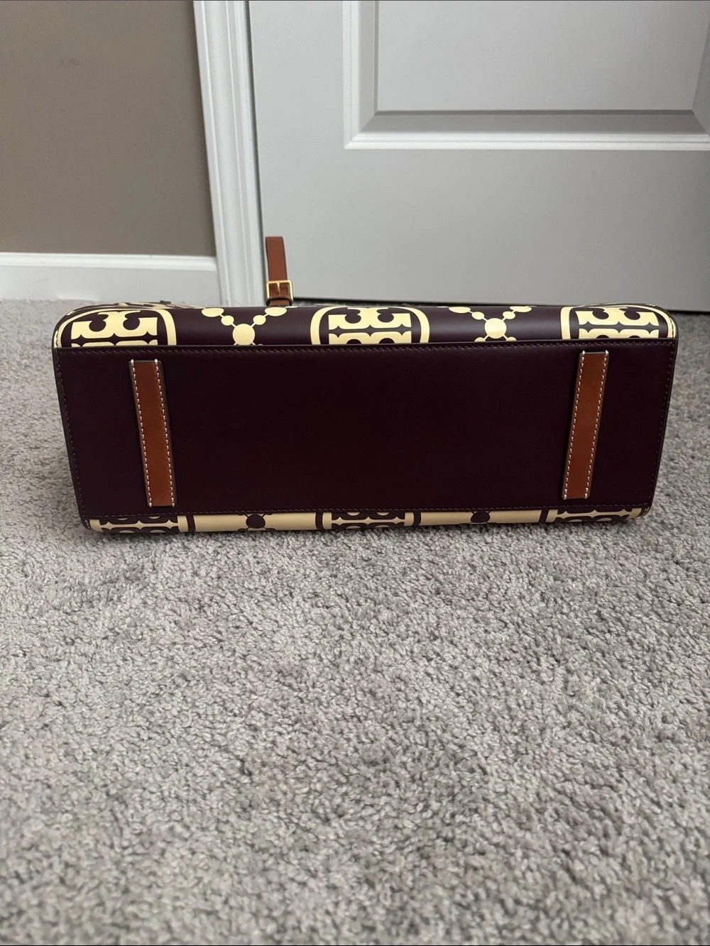 Tory Burch Dark Red & Cream Tote Logo Pattern
